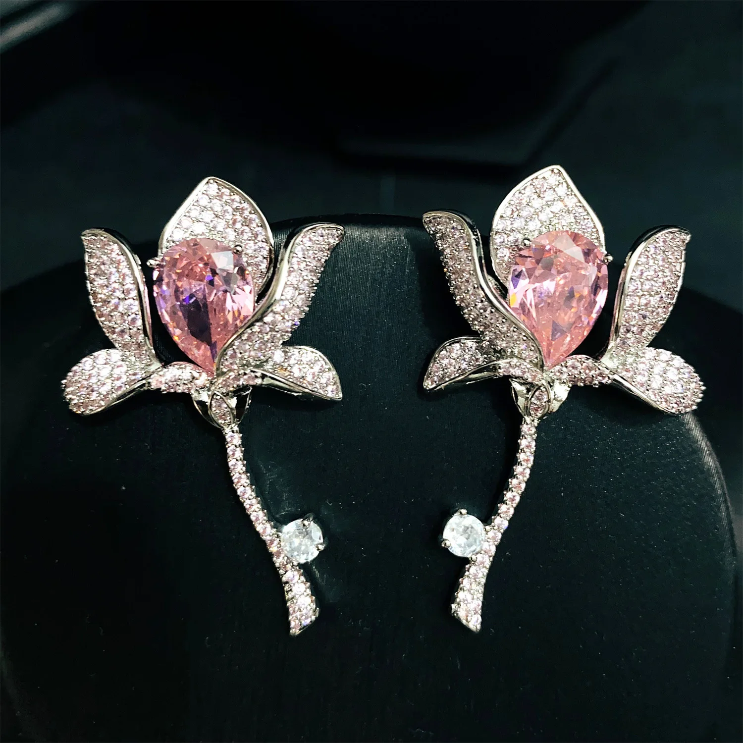 

luxury flower earrings zirconia shiny white pink elegant jewelry wedding bridal earrings women dinner party jewelry