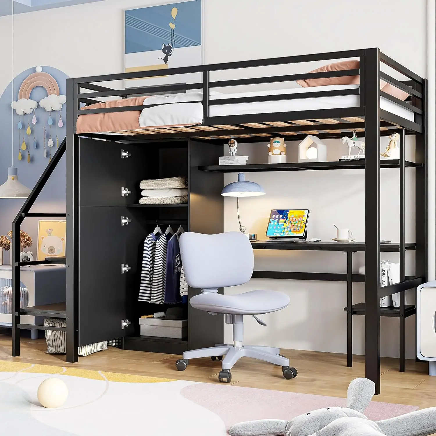 

Металлическая кровать-чердак, двойной размер с столом, двуспальная кровать-чердак с гардеробом и лестницей для хранения вещей для детей или подростков, коробчатая пружина не требуется,