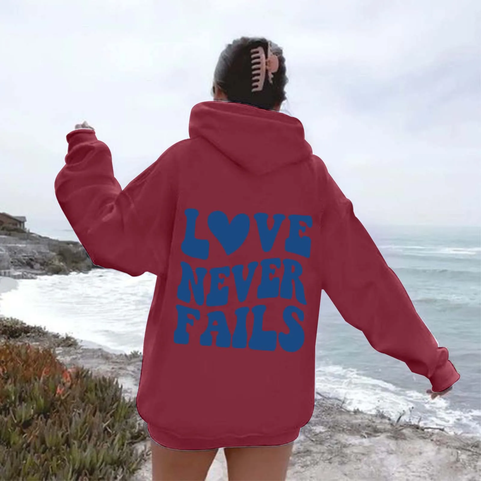 حبيب المرأة فشل كبير الحجم هوديي الرياضية ، أحادية اللون ، طباعة الحروف ، الخريف ، جديد