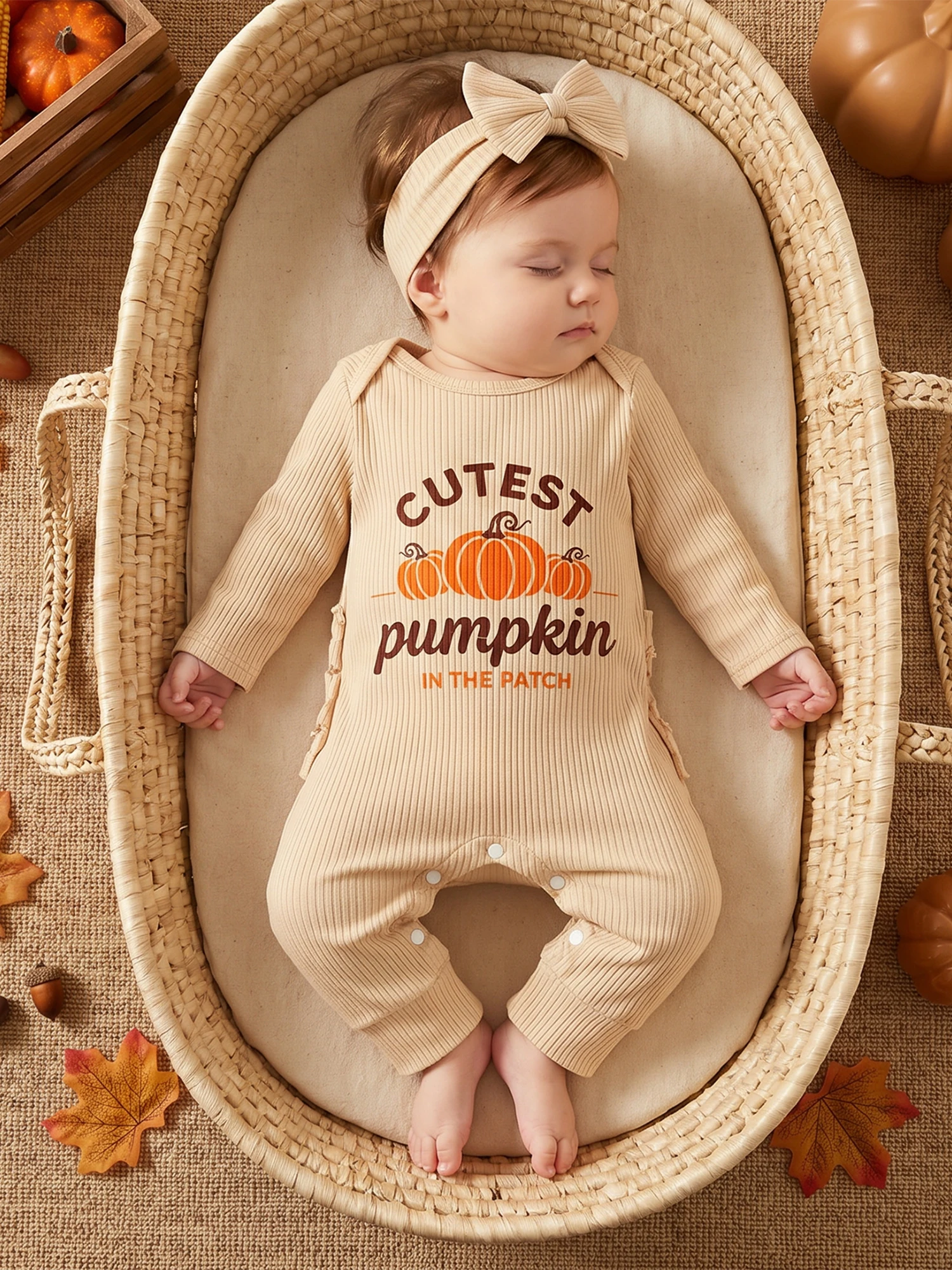 Pumpkin Print Baby Pumpkin Print Jumpsuit Jumpsuit With Headband Baby-Girl Girl Thanksgiving Outfits Latest