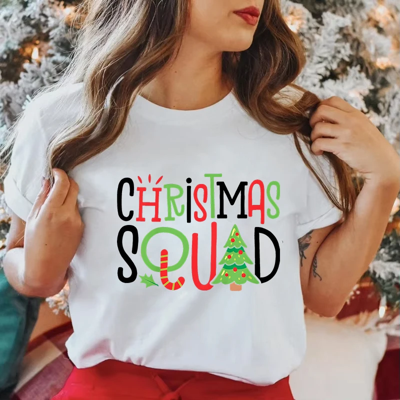 Christmas Squad Women T-Shirt Funny Graphic Tops Xmas Tree Family Matching Party Shirt Short Sleeve Tees Female Clothing