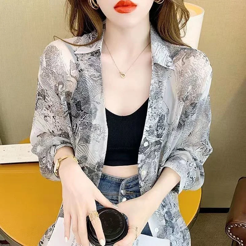 Stylish Lapel Button Printed Bandage Chiffon Shirt Women\'s Clothing 2023 Spring Summer New Casual Tops Loose Office Lady Blouse