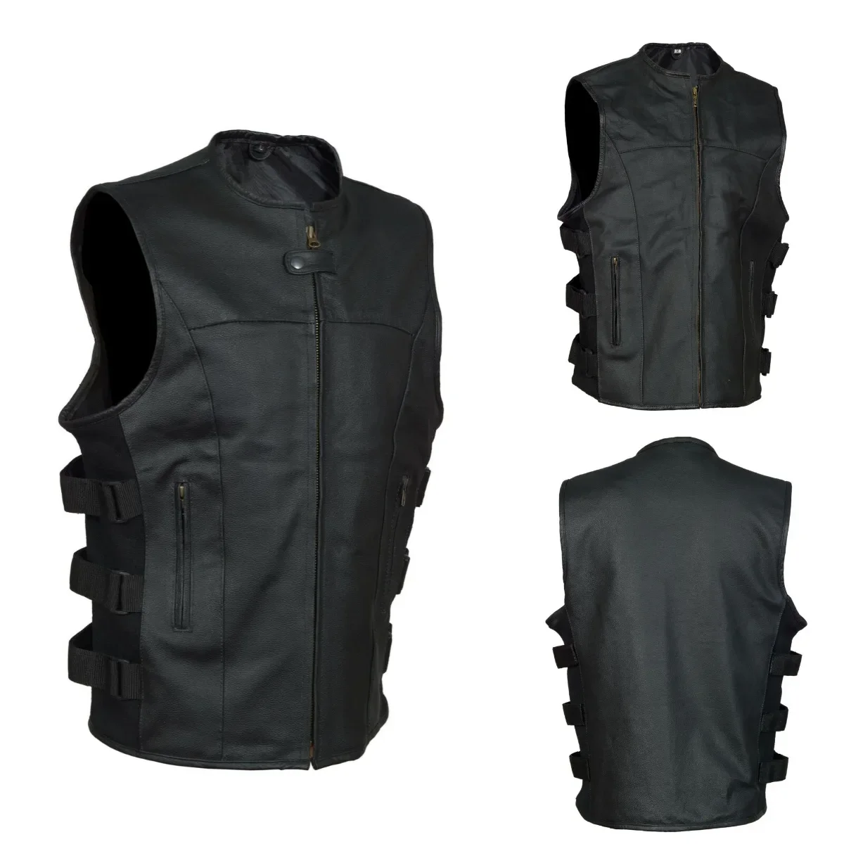 

2023 Men's New Leather Vest V-neck Single Breasted Side Zipper Strap Short Sleeveless Top