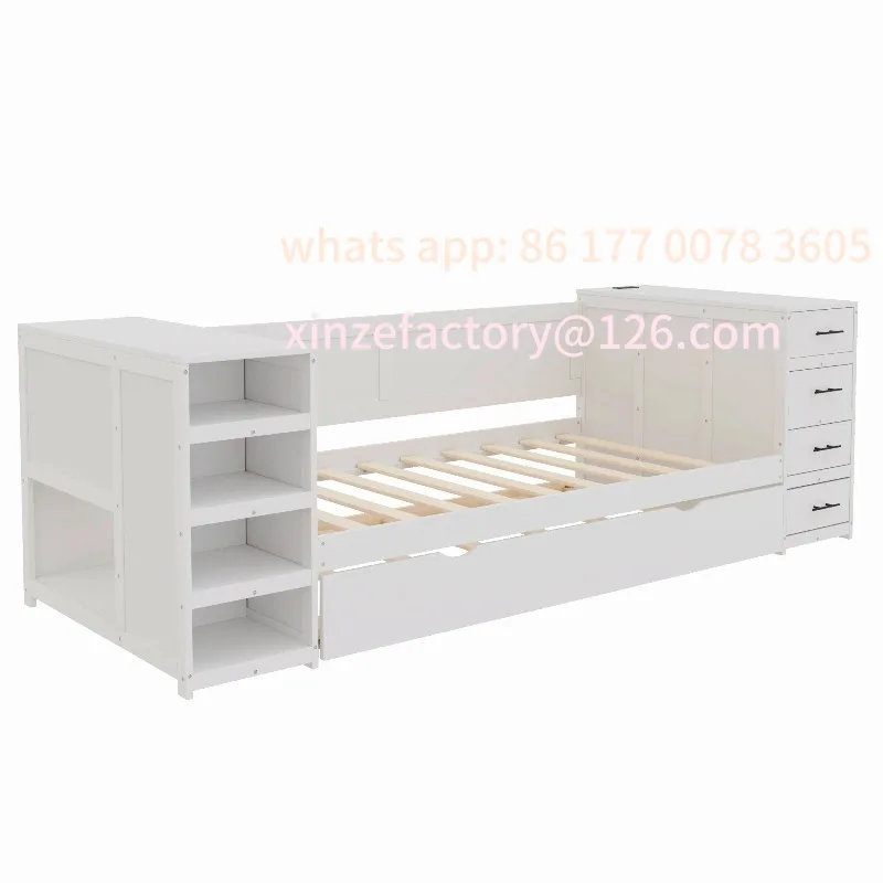 

Customizable White Wooden Twin Size Daybed with Trundle, Side Shelves, Drawers, Desk & Charging Station
