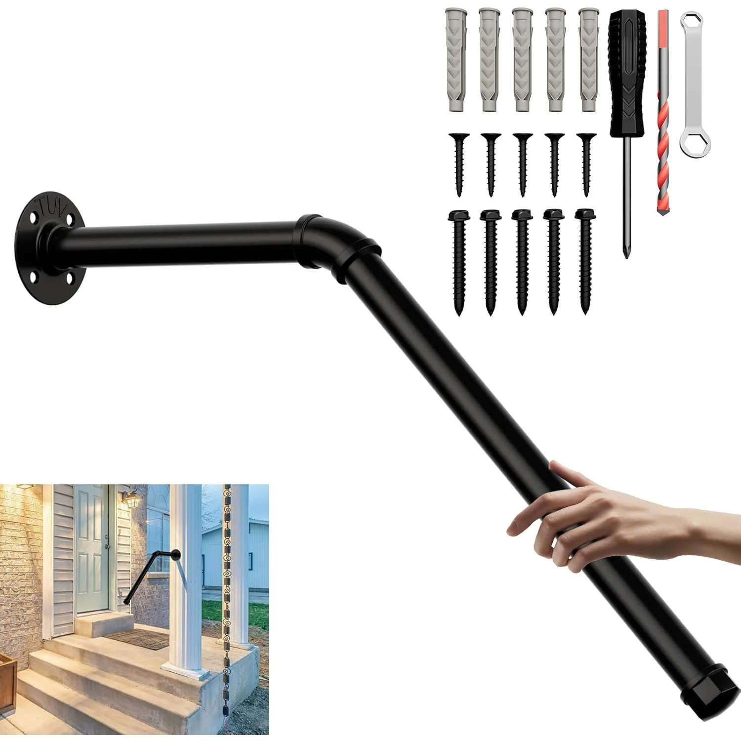 

Metal Wall-Mounted Stair Rail for 1-3 Steps | 27.5'' Safety Grab Bar | Non-Slip Elderly/Kids/Disabled