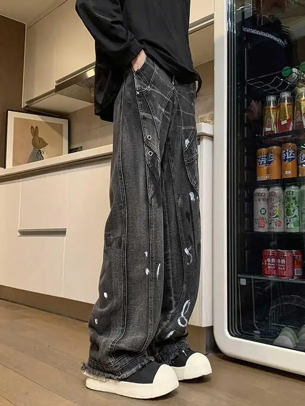 

Джинсы Streetwear Fiti Distred Denim свободного кроя с элементами пэчворка, винтажные американские джинсы с металлическим декором