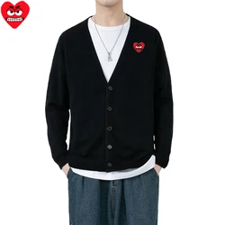 Break Egg Men Cardigan Cotton Cartoon Cute Snag Heart Embroidery V-Neck Single Breasted Long Sleeves Autumn Fit Sweater