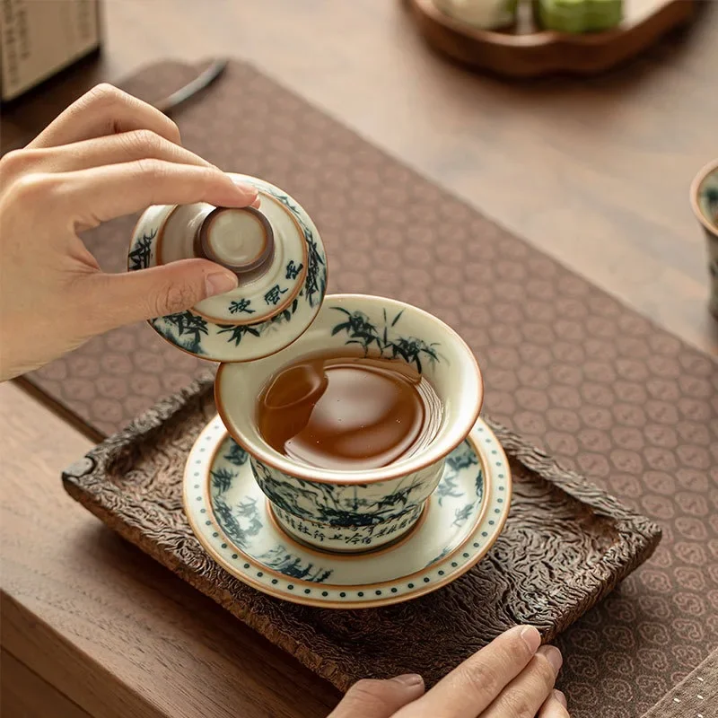 Imitation Song Ru Kiln Blue and White Dingfeng Wave Bamboo Shadow Cover Bowl Sancai Tea Bowl Household Ceramic Kung Fu Tea Bowl