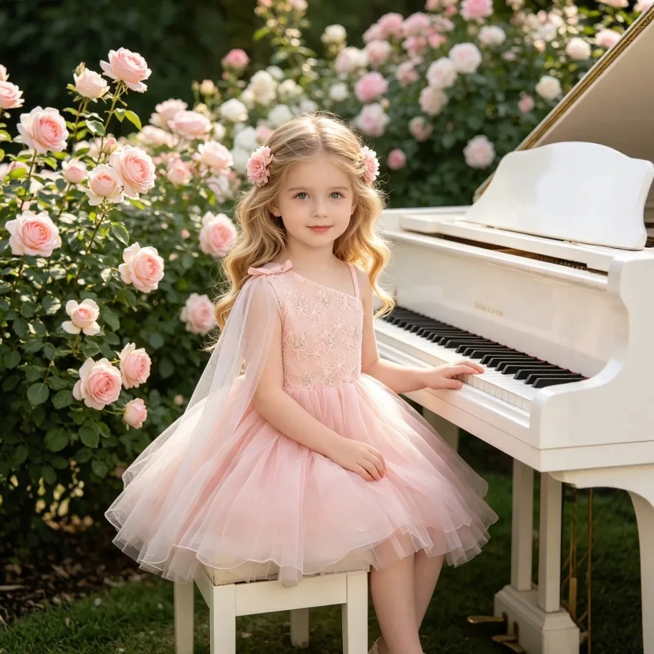 Girls Pink Floral Embroidery Princess Dress One Shoulder Cape Tulle Tutu Gown Kids Holiday Performance Party Evening Dress ZD36