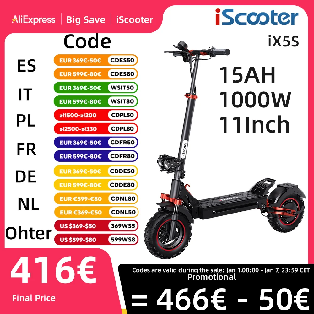 iScooter ix5s 1000W Powerful Electric Scooter 15AH Battery Adult Electric Scooter 45km/h Electric Shock Absorption