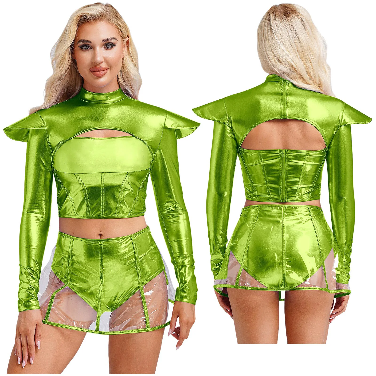 Vrouwen Galaxy Alien Astronaut Outer Space Rollenspel Kostuum Crop Top met lange mouwen en slip Rok voor Carnaval Party Halloween
