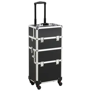 Professional Rolling Makeup Case with 360° Wheels, Large Aluminum Trolley for Travel Storage, Black