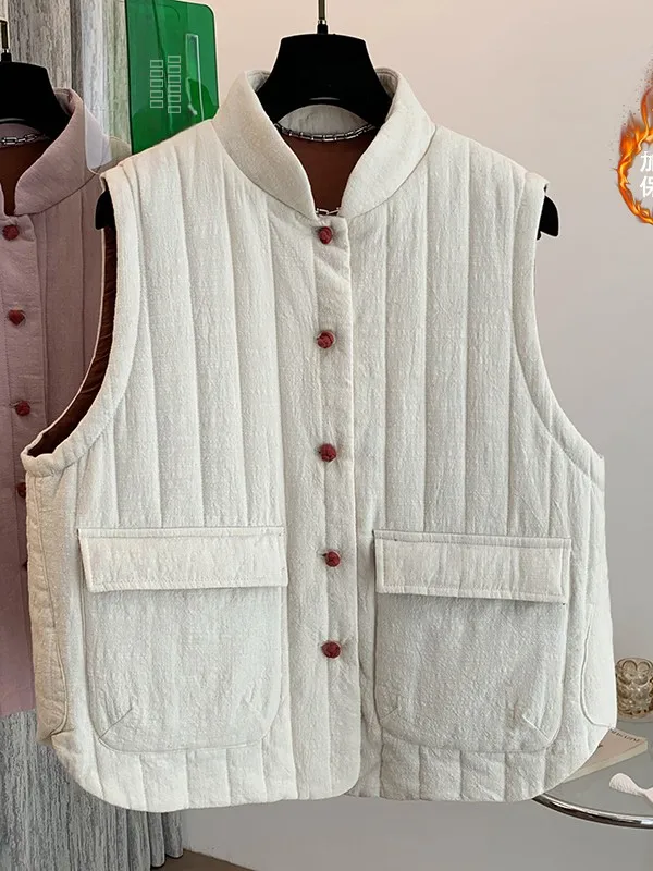 Retro Artistic Linen Cotton Vest Women's Faion Outerwear Thiened Winter Coat Multi-layered Wearable Commute Sle