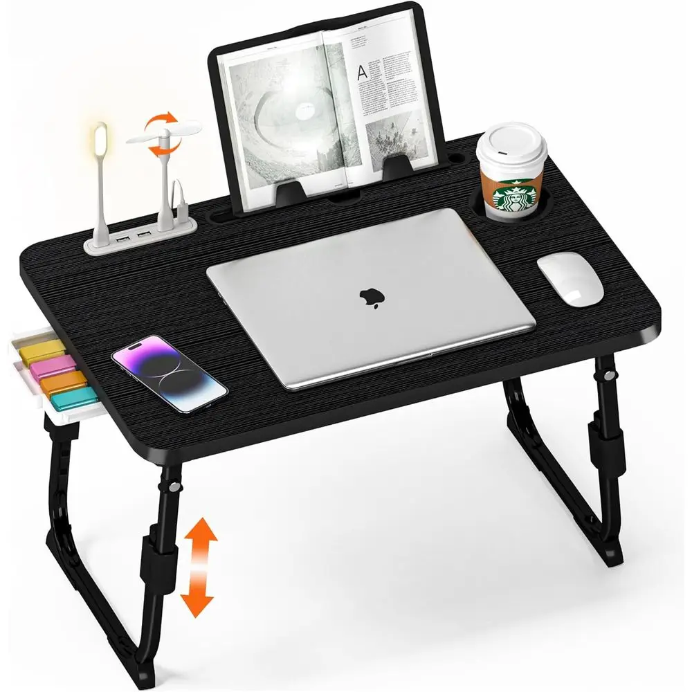 

Height Adjustable Laptop Desk with USB/Storage, Cup Holder, Tablet Stand, Book Shelf, Portable Breakfast Tray for Reading and Wr