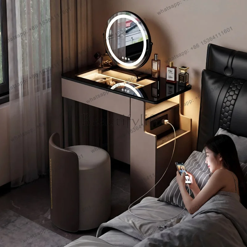 zj.Italian Minimalist Vanity Table Combined Nightstand with USB Charging LED Makeup Mirror Dressing Desk Bedroom Cosmetic Dresse