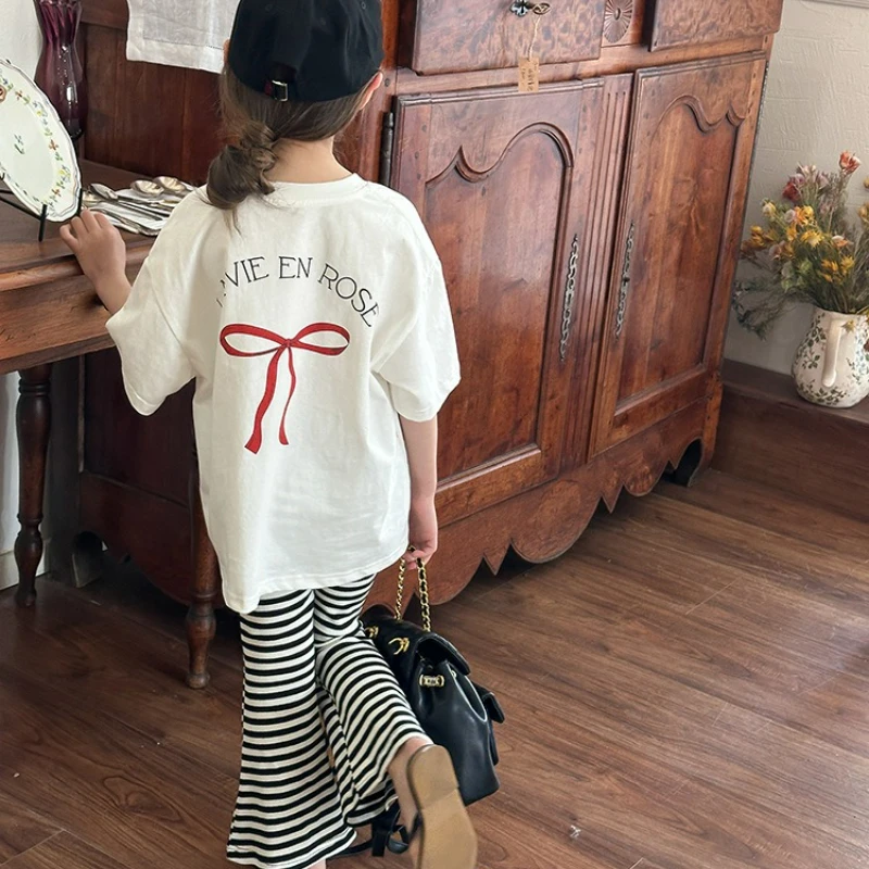 Children's Clothing Girl Korean Version Loose Short Sleeved Kids Stylish Design Girls Back Bow T-shirt Top