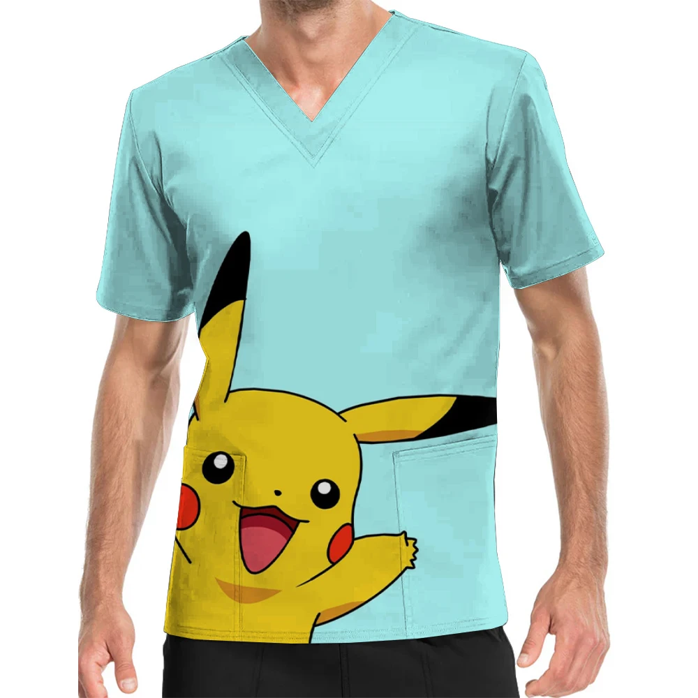 Men's short-sleeved children's center pet center V-Neck Print Scrub Top pet store Pikachu nurse clothes nursing clothes