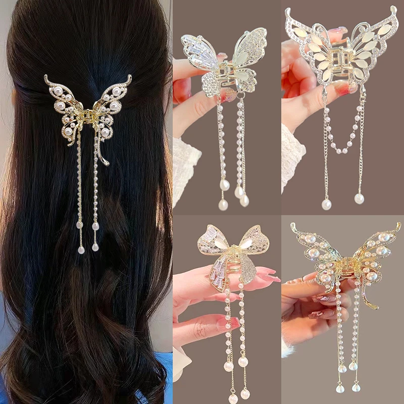 

Rhinestone Butterfly Hair Claw Pearl Tassel Crab Clip Metal Bow Tie Hairpin Women Shark Claw Clip Girl Barrette Hair Accessories