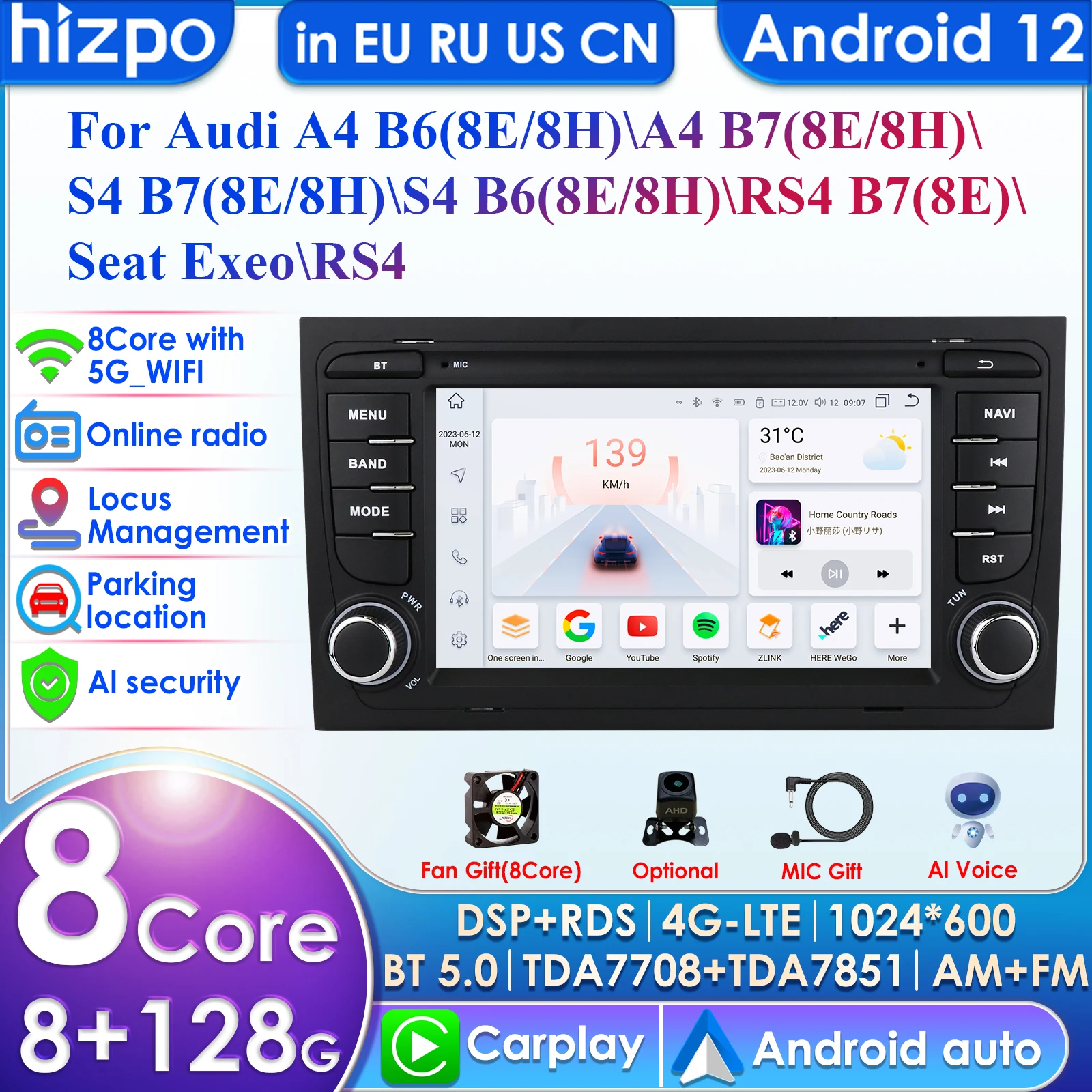 

2 Din Android 13 Car Radio for For Audi A4 II 2 B6 III 3 B7 2000-2009 S4 2002-2008 RS4 2005-2009 Multimedia Video Player Carplay