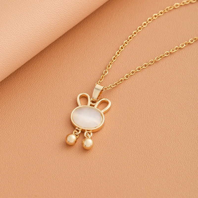 Japanese and Korean Titanium Steel Bunny Necklace Ins Opal Pendant Clavicle Chain Special Interest Light Luxury Simple Necklace