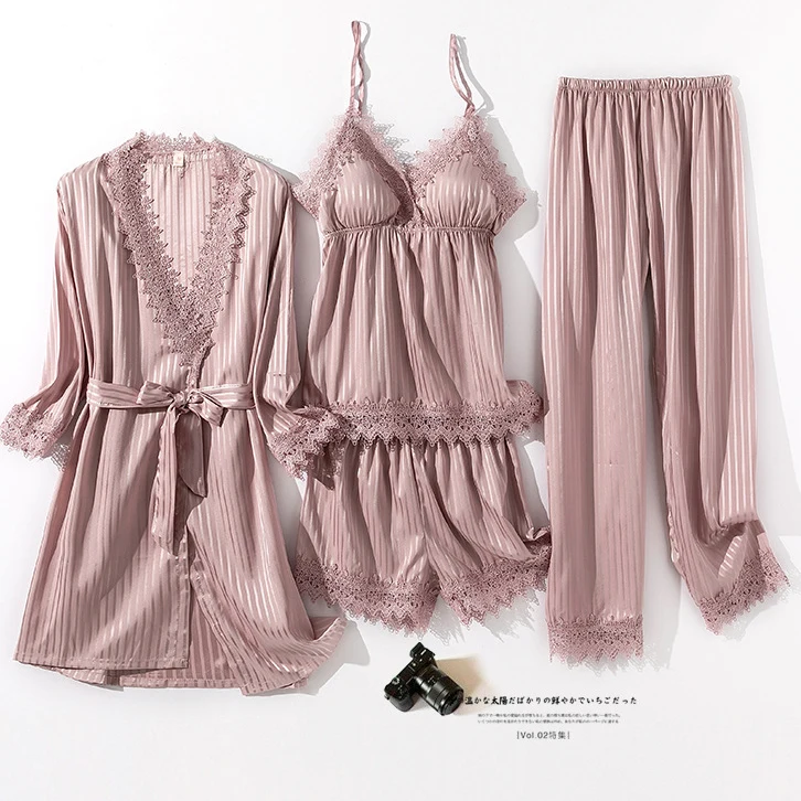 Sexy Stripe Lace Trim Sleepwear Pijamas Suit Spring Summer Satin Kimono Bathrobe Gown Women Four Piece Pajama Set Loose Homewear