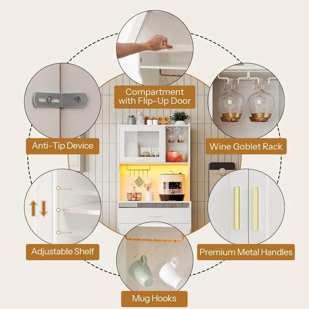 خزانة مخزن المطبخ الحديثة مع إضاءة LED ومحطة شحن، وحافظة تخزين 67 بوصة مع ميكروويف #6