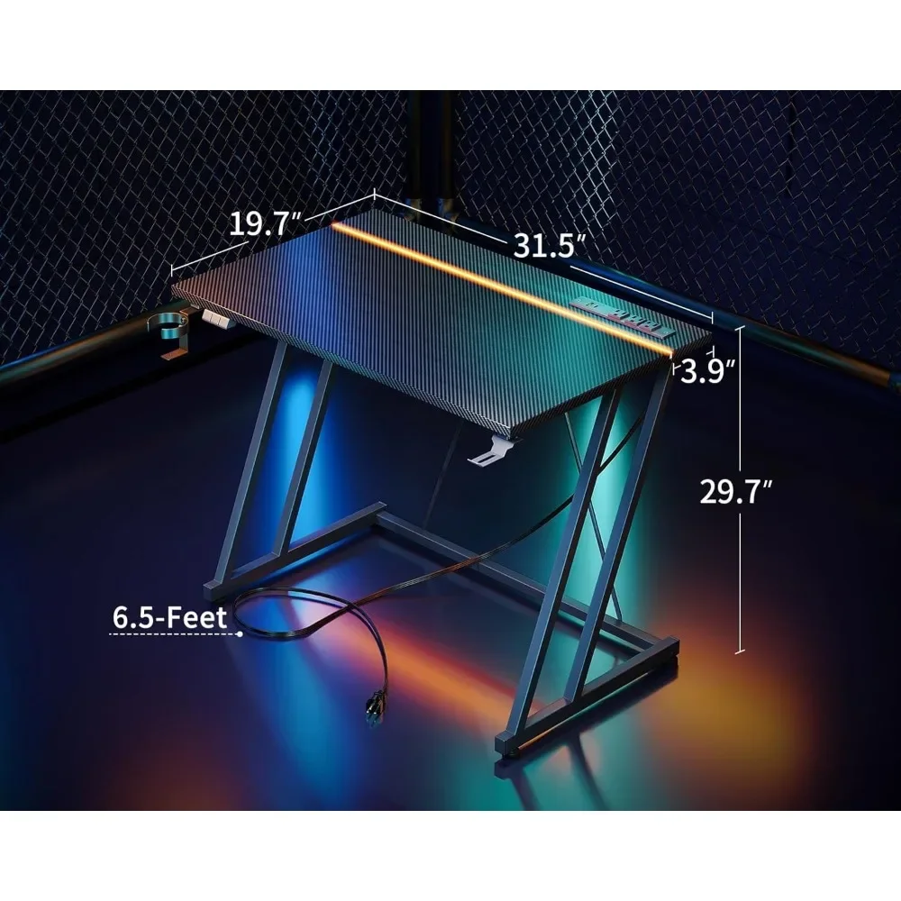 Small Gaming Desk with LED Lights & Power Outlet, Computer Desk 31.5inch for Small Space, Cheap Gaming Table with Carbon Fiber