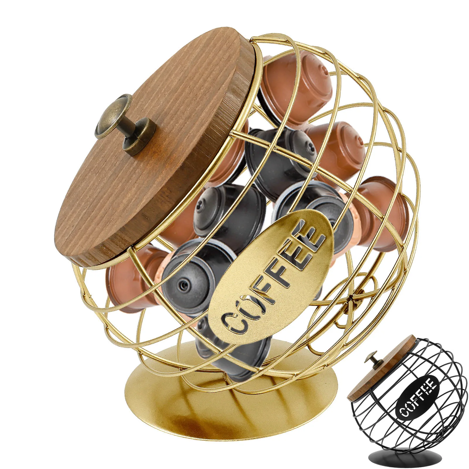 Eisen-Kaffeekapselhalter mit Holzdeckel, Obst- und Snack-Aufbewahrungsregal, Multifunktionales Hohlraum-Kaffeekapsel-Aufbewahrungsregal für Zuhause
