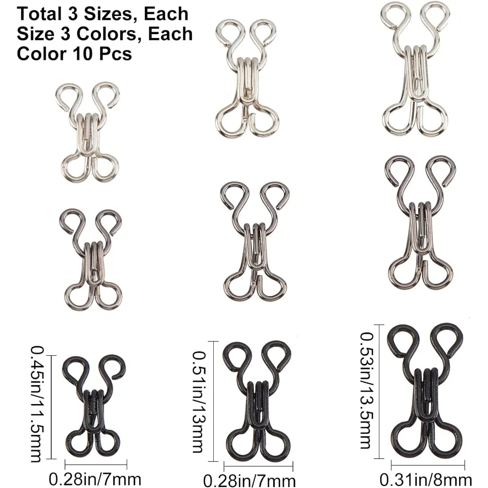 90 Sets 3 Sizes Sewing Hooks and Eyes Closure Iron Bra Hooks Replacement with a Plastic Box for Clothing Jacket Skirt Trousers