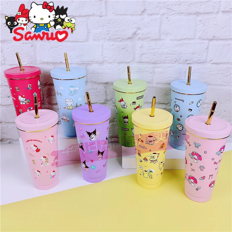 

Sanrio Melody Kuromi Hello Kitty Cinnamoroll Pochacco 304 Stainless Steel Straw Pudding Vacuum Coffee Cartoon Car Thermos Cup