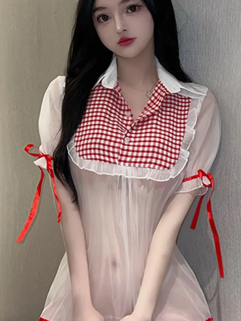 Estilo Preppy Lattice Sexy dulce estudiante Lencería niñas vestido de Navidad elegante malla encaje transparente dulce mujeres Top GH68