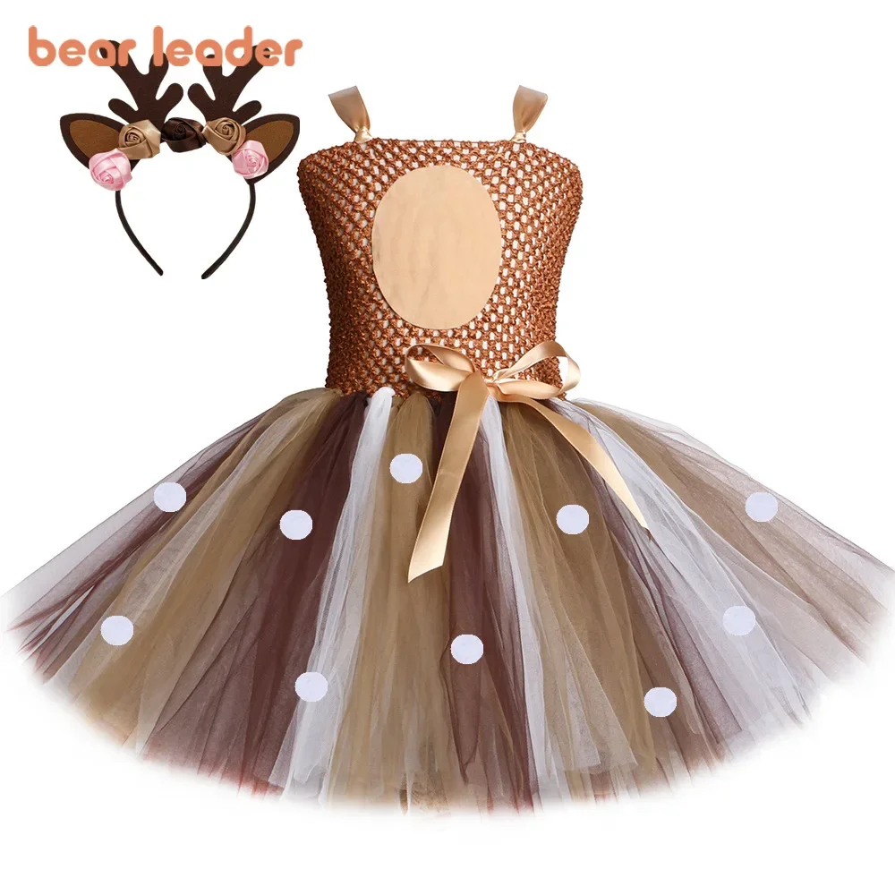 

Bear Leader European and American Cartoon Deer Cosplay Kids Clothing Mesh Splicing Fluffy Dress Christmas Reindeer Girl Dresses