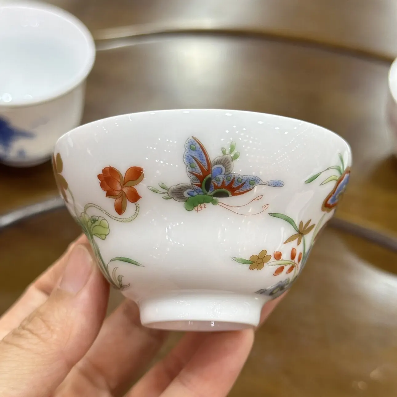 Jingdezhen Pastel Small Teacup Painted Ganoderma Lucidum Blue Stone Figure Small Waist Folding Cup Fu Lu Cup