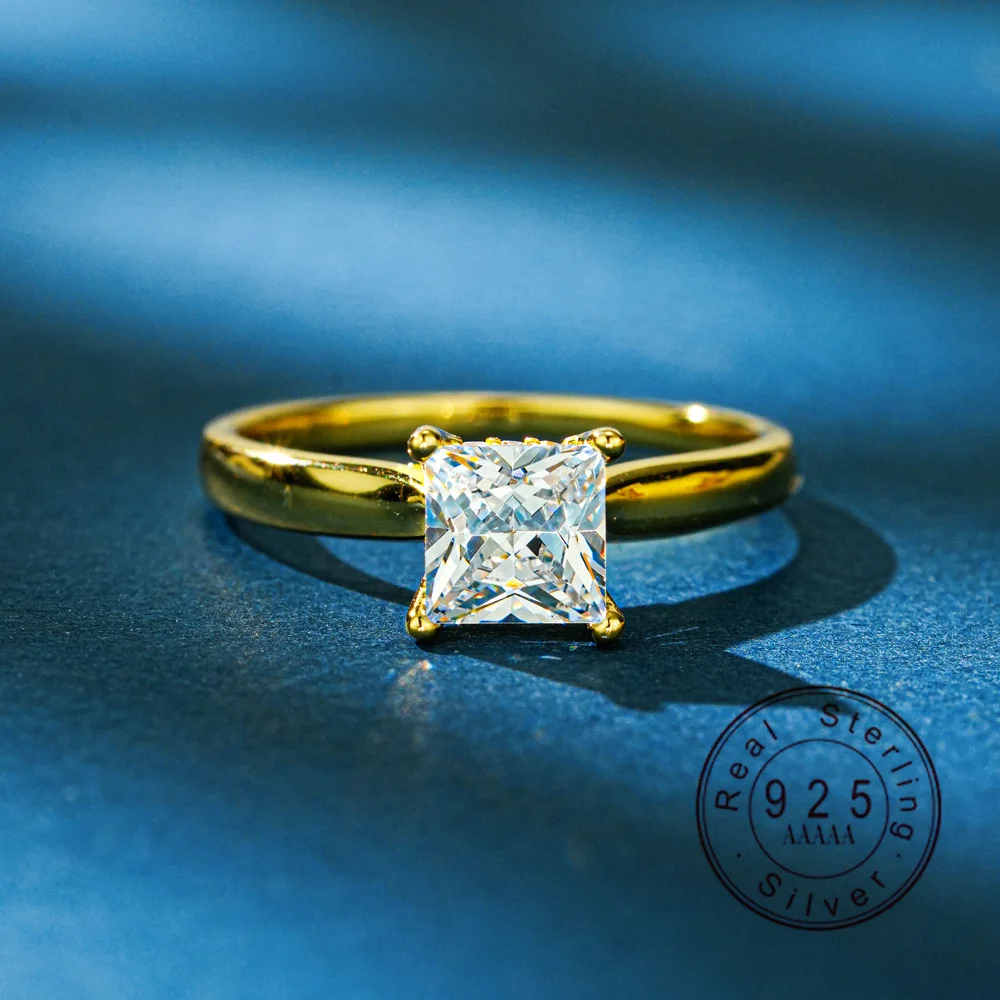 Anillo de Plata de Ley 925 con Moissanita de Corte Princesa de 1.2CT, Chapado en Oro, Anillo de Compromiso o Promesa para Mujer, Joyería Fina