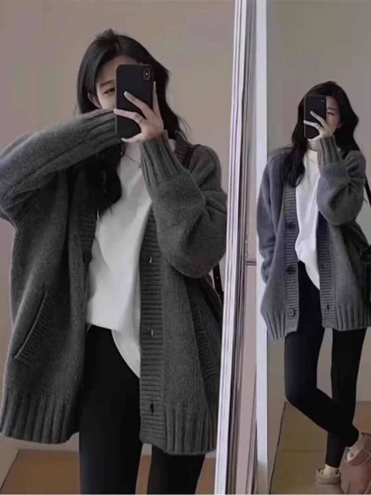 Loose Large Size Cashmere Sweater Coat Women Korean Mid Length 100% Pure Merino Wool Knit French Cardigan Autumn/Winter Jacket