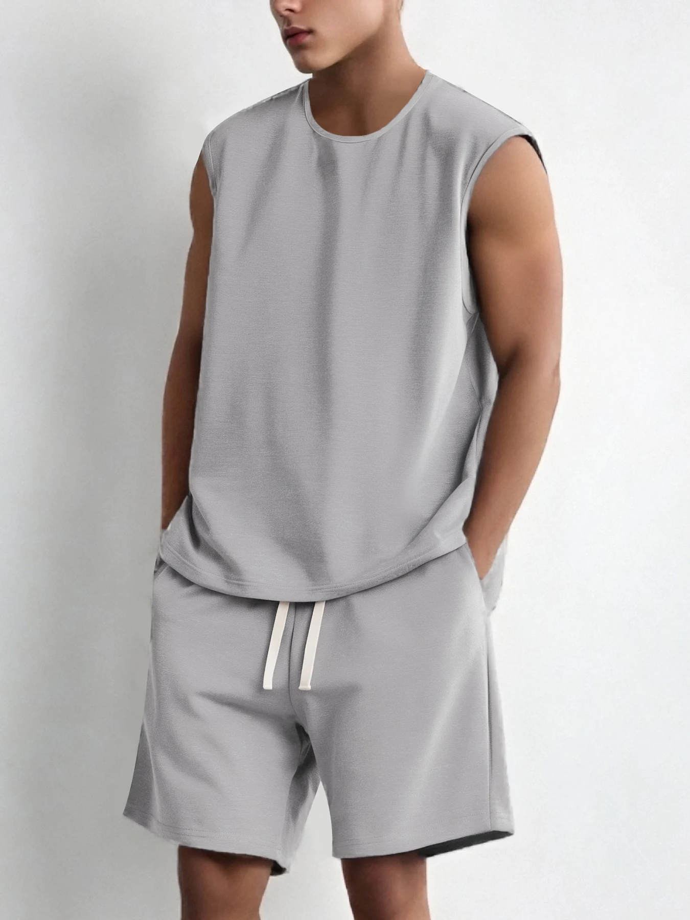 

Men's Light Gray Sleeveless Tank Top Casual Set 2 Piece Summer Sports Drawstring Shorts Outfit