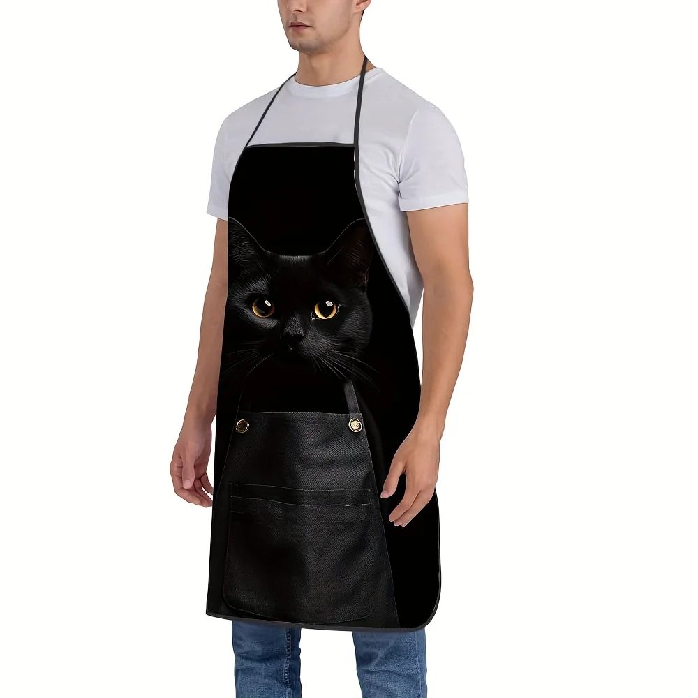 Black Cat Face Apron – Photorealistic Feline with Golden Eyes, Black Background, Front Pocket, Polyester, Unisex