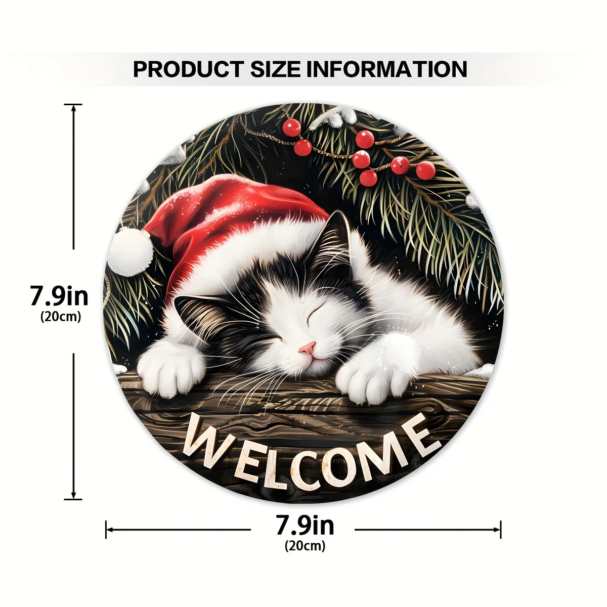 Christmas Welcome Sign - 20x20 cm, Wooden Round Hanging Decoration with Sleeping Cat Design, Perfect for Wreath Accents, New Ye