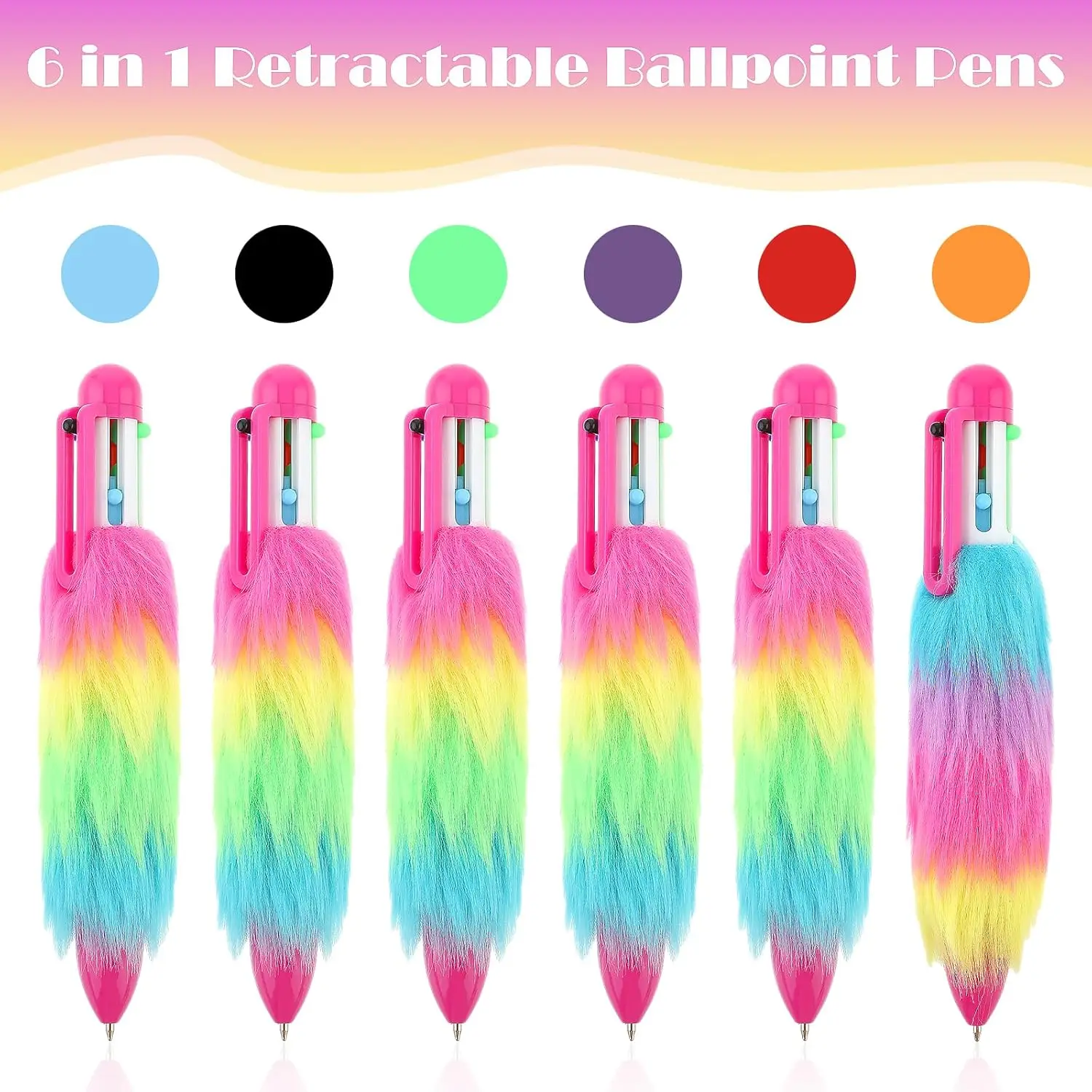 6pcs Wholesale 6-in-1 Furry Ballpoint Pen Novelty rainbow plush multi-color pen for student-teacher's office school supplies