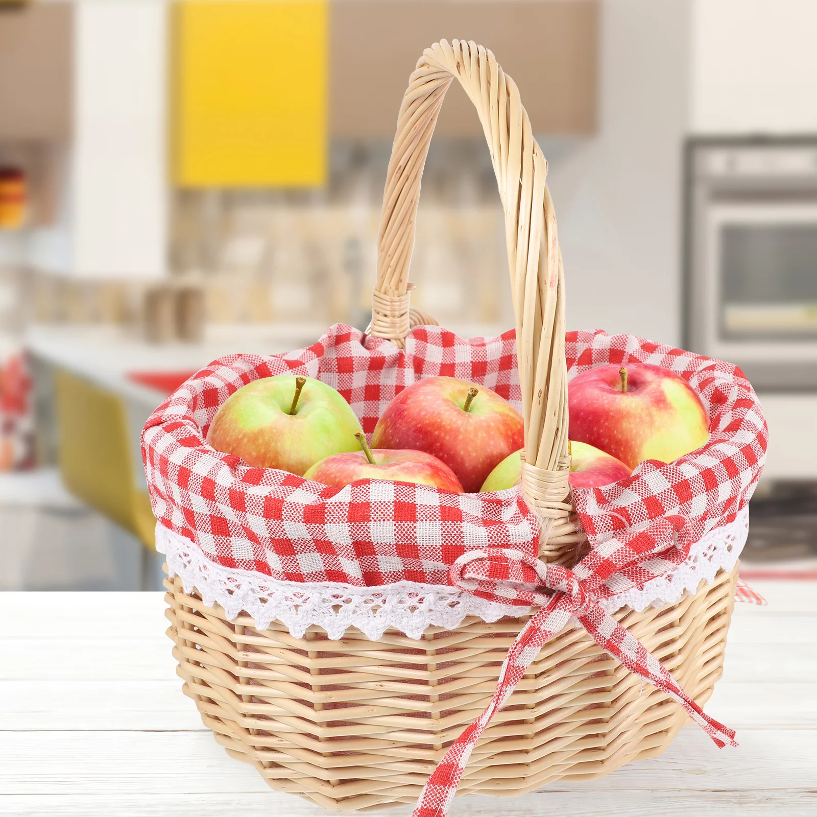 

Wicker Storage Basket Hand Woven Red Plaid Linen Inner Size S Fruit Vegetable Bread Food Serving Display Gift Basket