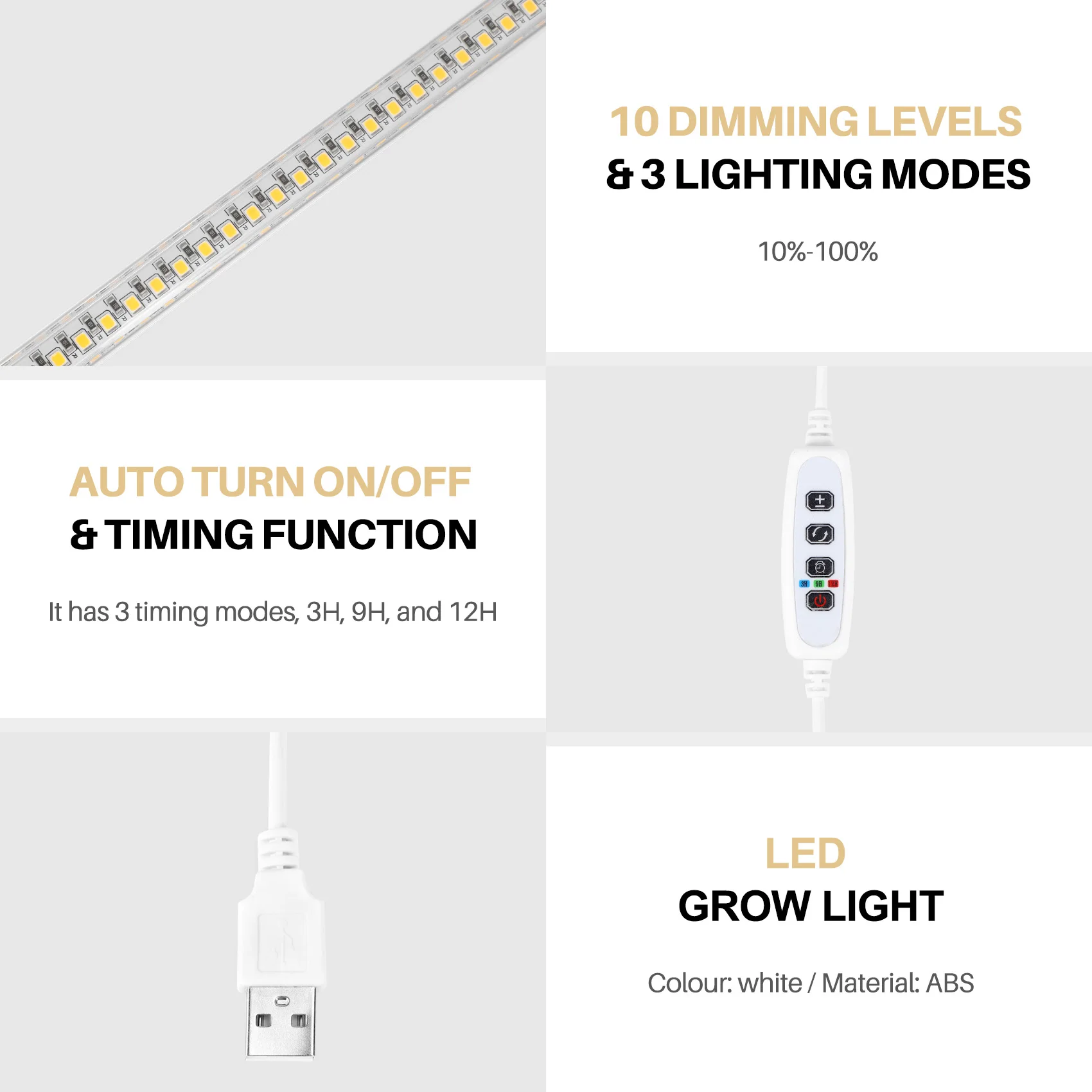 B03C-LED Strip Lampu Tumbuh Tanaman, Lampu Tumbuh Spektrum Penuh untuk Tanaman Dalam Ruangan dengan Timer Nyala/Mati Otomatis 3/9/12 Jam, 192 LED