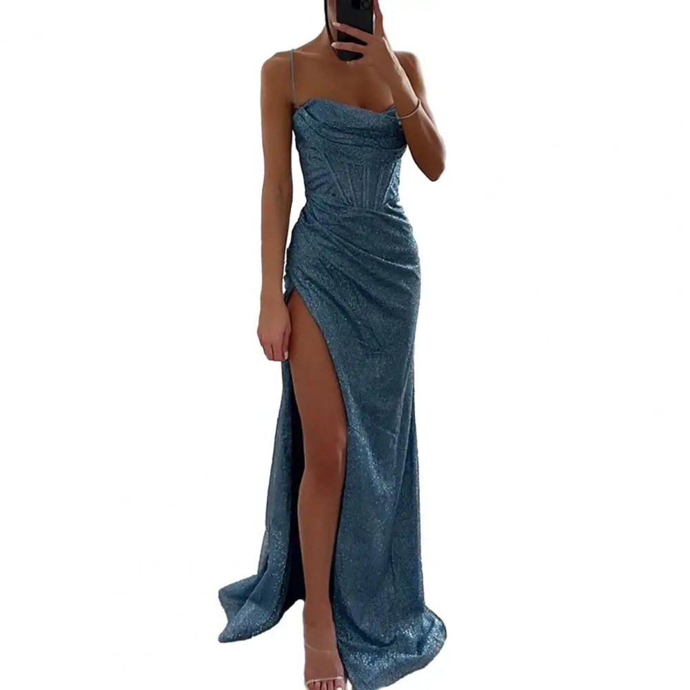Women Evening Dress Spaghetti Strap Shiny Sequin Sleeveless Dress Off Shoulder Low-cut Loose High Waist Lady Prom Dress