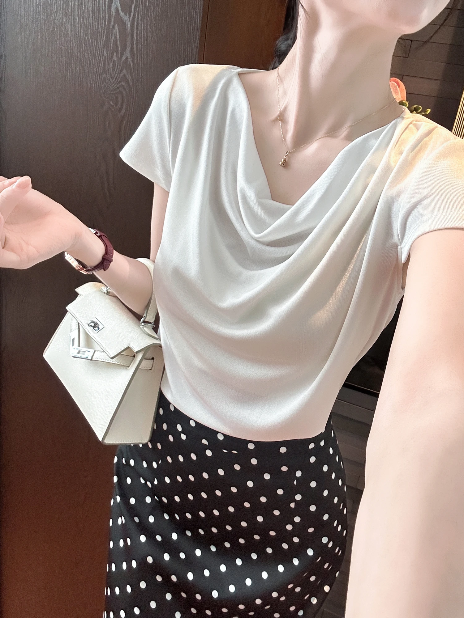 

Versatile Acetate Halter Neck Short Sleeve Top by YOU SEE Can Be Worn in Two Ways Commute Style Slim Fit Breathable Cool Feeling