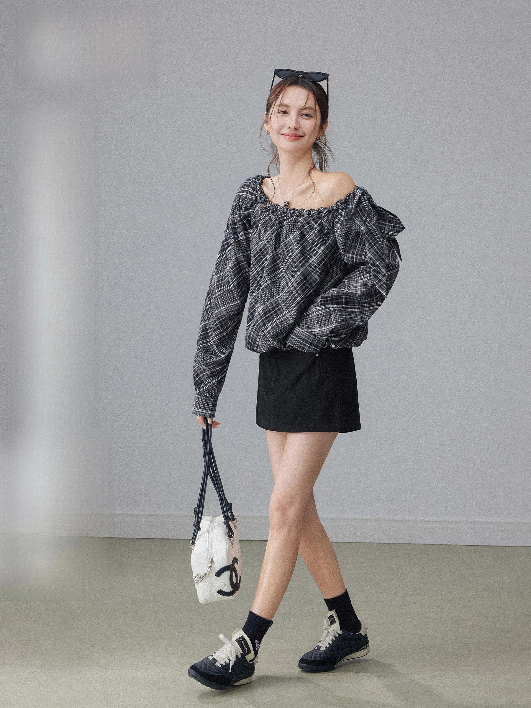 

Blue Plaid Asymmetrical oulder Long Sve irt Women's Early Spring Design Casual Sle Regular Fit irt Ele Top