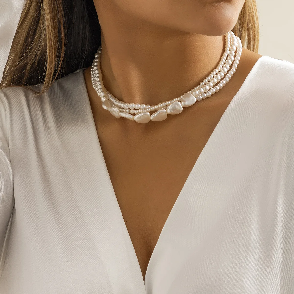 Faux Pearl Necklace Multi Layered Beaded Teardrop Irregular Pendant High Quality Womens Prom Wedding Jewelry Silver