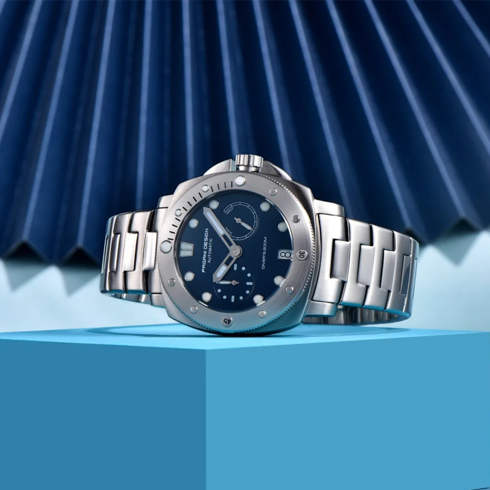 ساعة غوص ميكانيكية أوتوماتيكية من Pagani Design مصنوعة من الفولاذ المقاوم للصدأ وكريستال الياقوت AR وعرض تخزين الطاقة ساعة ميكانيكية للرجال