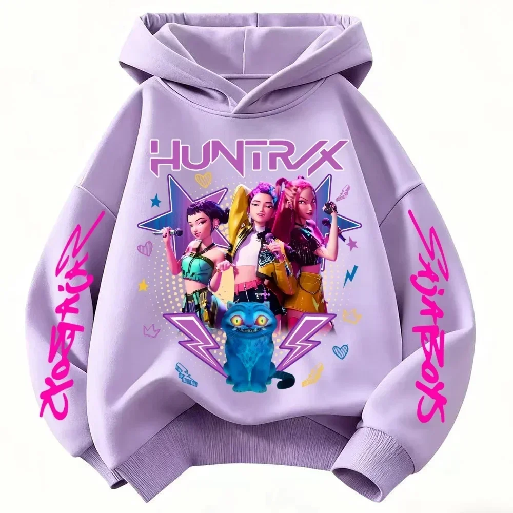 2026 Mädchen-Hoodie für Jungen und Mädchen, Cartoon-Jäger Rumi Mira, warm und dick, modisches Freizeit-Oberteil, bedruckter lila Pullover – Detail 3
