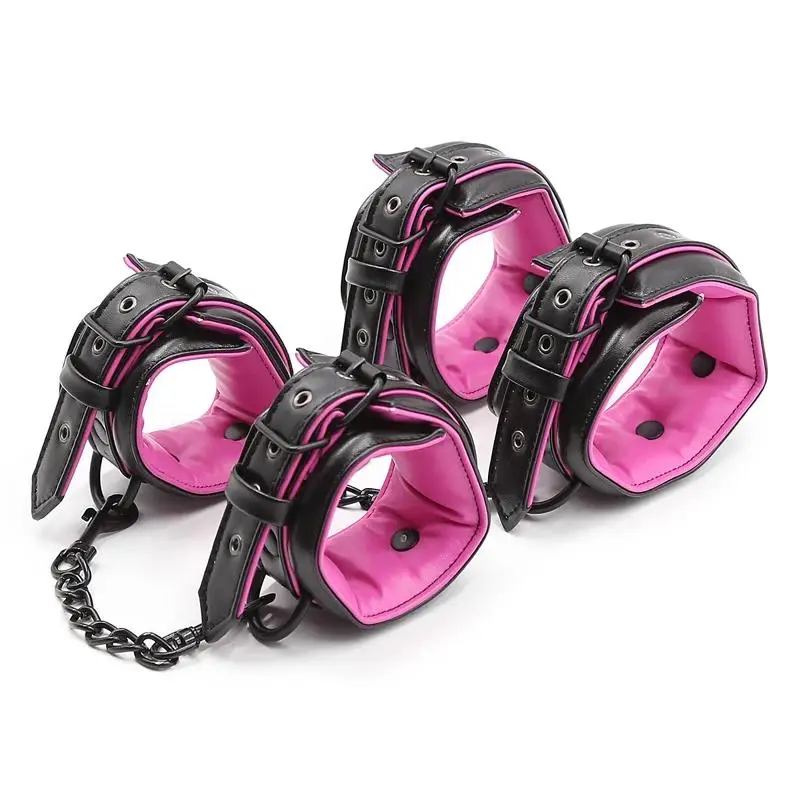 Juguetes sexuales para parejas, traje de Bondage Bdsm de cuero, 3 uds., Collar de sujeción, manga de tobillo, esposas para sexo, traje de Bondage para mujer adulta