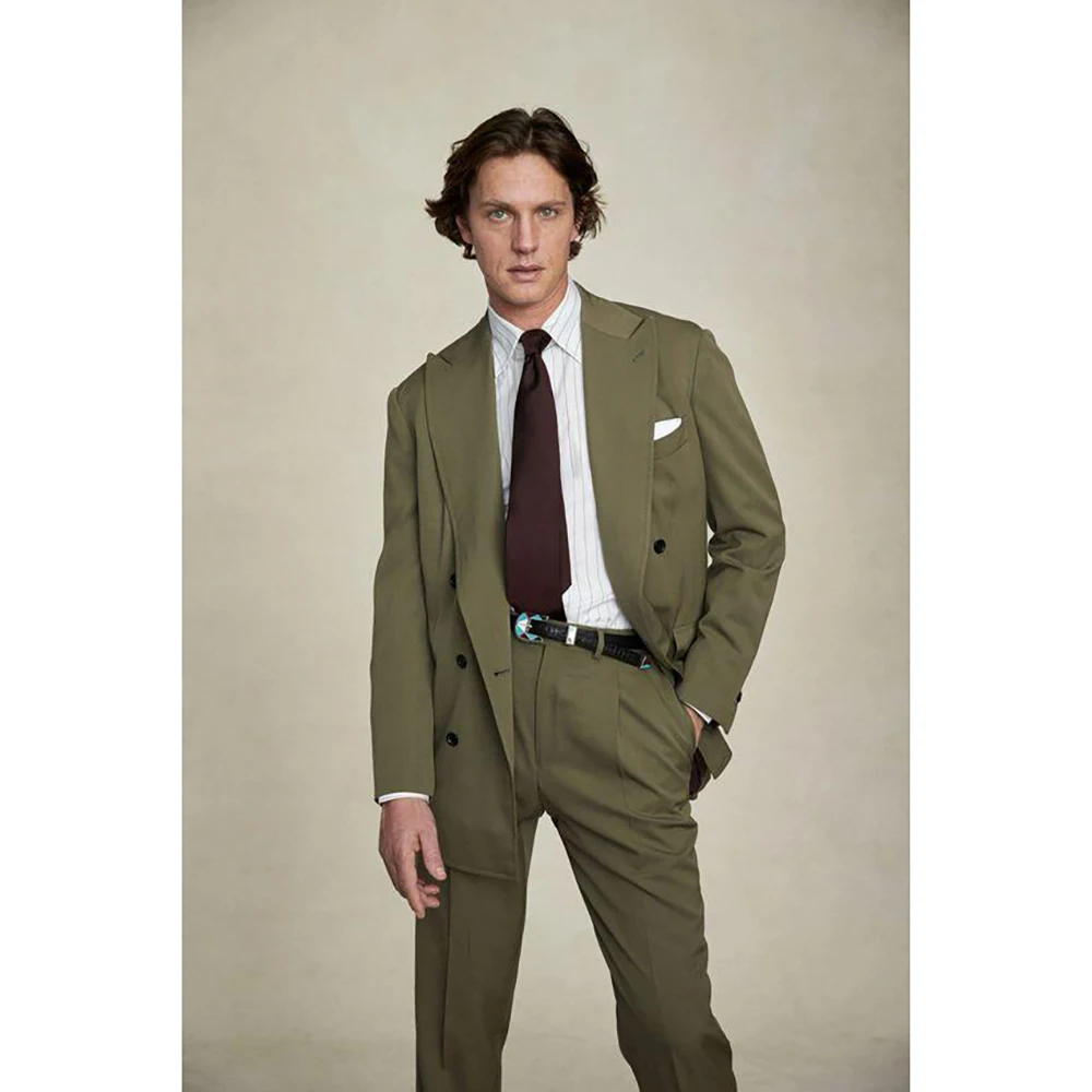 Olive Green Double Breasted Men Suit Two Pieces(Jacket+Pants) Lapel Outfits Chic Casual Party Prom Wedding Set