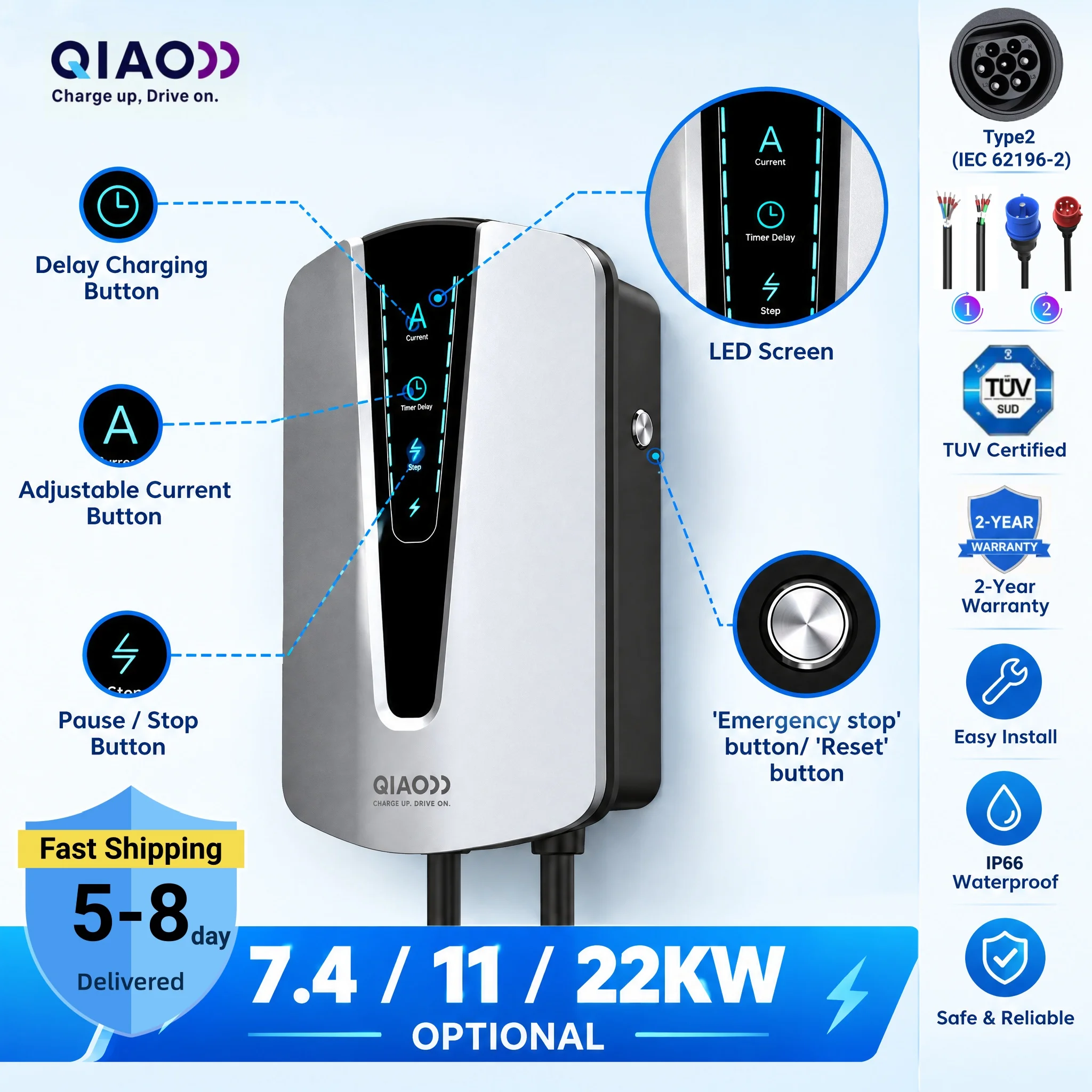 16A/32A 22kW Type 2 EV Charger Wallbox IEC62196-2 7.4kW 11kW EVSE Electric Car Charger Adjustable Current Car Charging Station